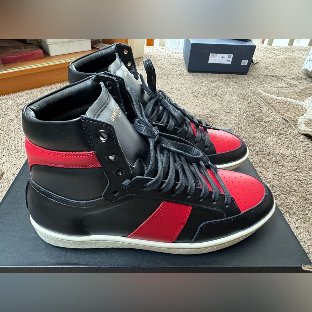 Saint Laurent Paris YSL men’s black red high top calf leather sneaker size 8
